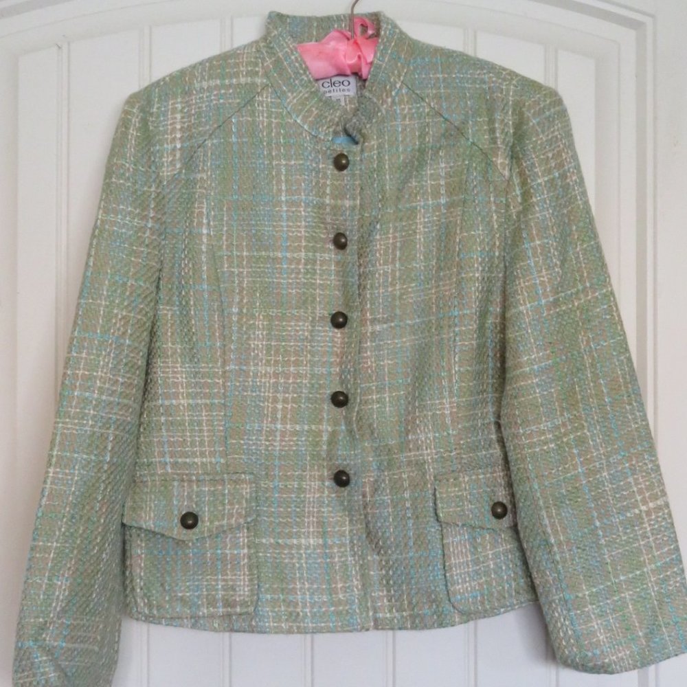 "Host Pick" CLEO Petites Aqua Check Lined Blazer Jacket Size 10 (305)